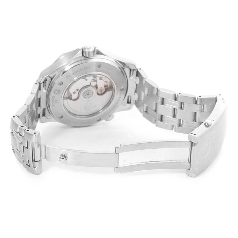 The image shows the back view of an Omega Seamaster 2535.80.00 Men
s Stainless Steel Blue Dial 2535.80.00 Men
s Stainless Steel Blue Dial watch, highlighting the case back and partially opened stainless steel bracelet.