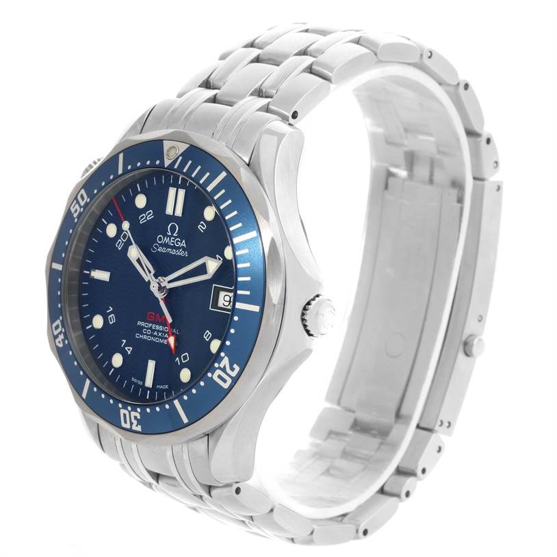 The Omega Seamaster 2535.80.00 Men
s Stainless Steel Blue Dial 2535.80.00 Men
s Stainless Steel Blue Dial watch is shown at a three-quarter angle, displaying the face, bracelet, and side crown.