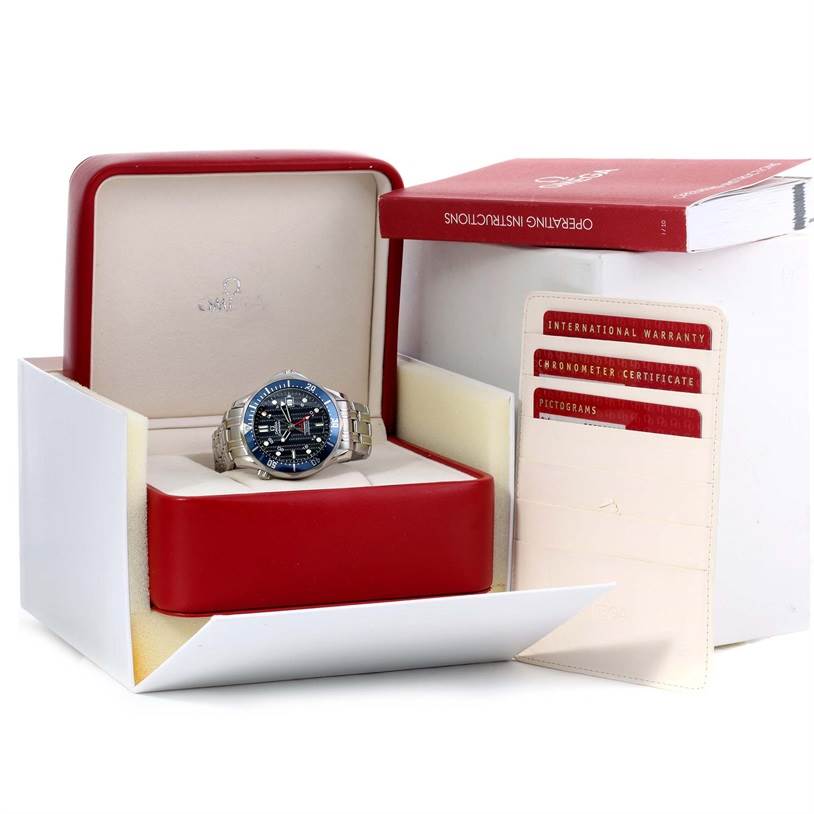 The Omega Seamaster 2535.80.00 Men
s Stainless Steel Blue Dial 2535.80.00 Men
s Stainless Steel Blue Dial watch is displayed in its open box, accompanied by documents and a manual.