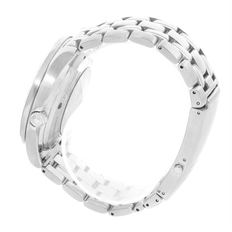 The image shows a side view of an Omega Seamaster 2535.80.00 Men
s Stainless Steel Blue Dial 2535.80.00 Men
s Stainless Steel Blue Dial watch focusing on the crown, case, and metal bracelet.