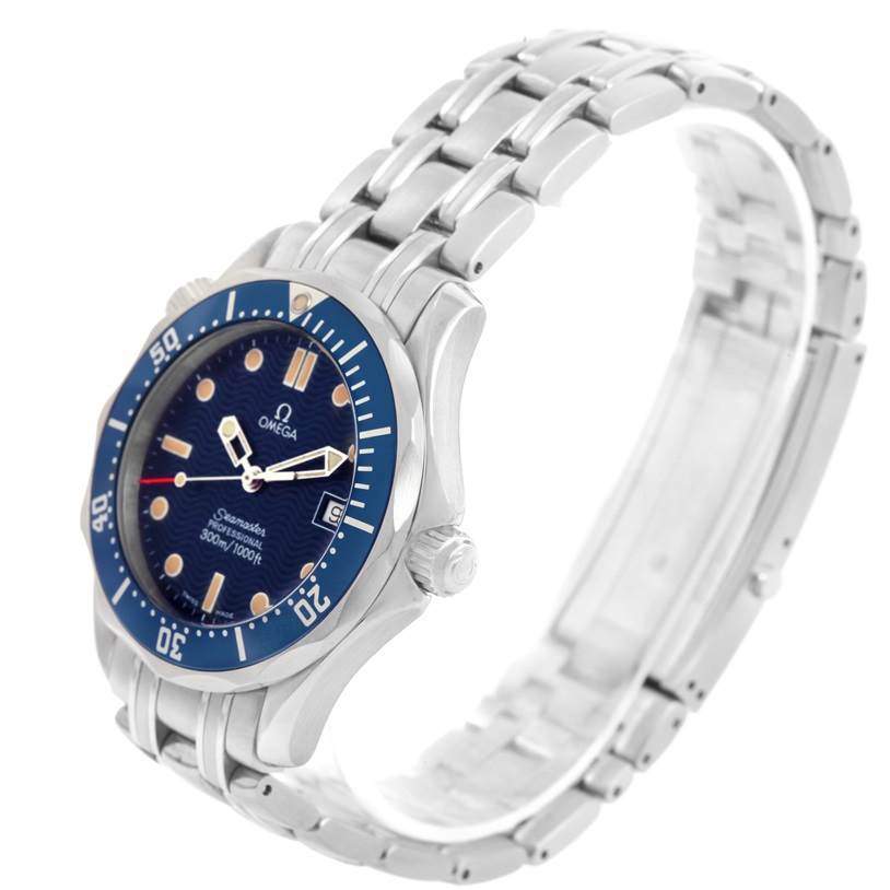 The image shows an Omega Seamaster 2561.80.00 Men
s Stainless Steel Blue Dial 2561.80.00 Men
s Stainless Steel Blue Dial watch angled from the top-left, displaying its blue dial and stainless steel bracelet.