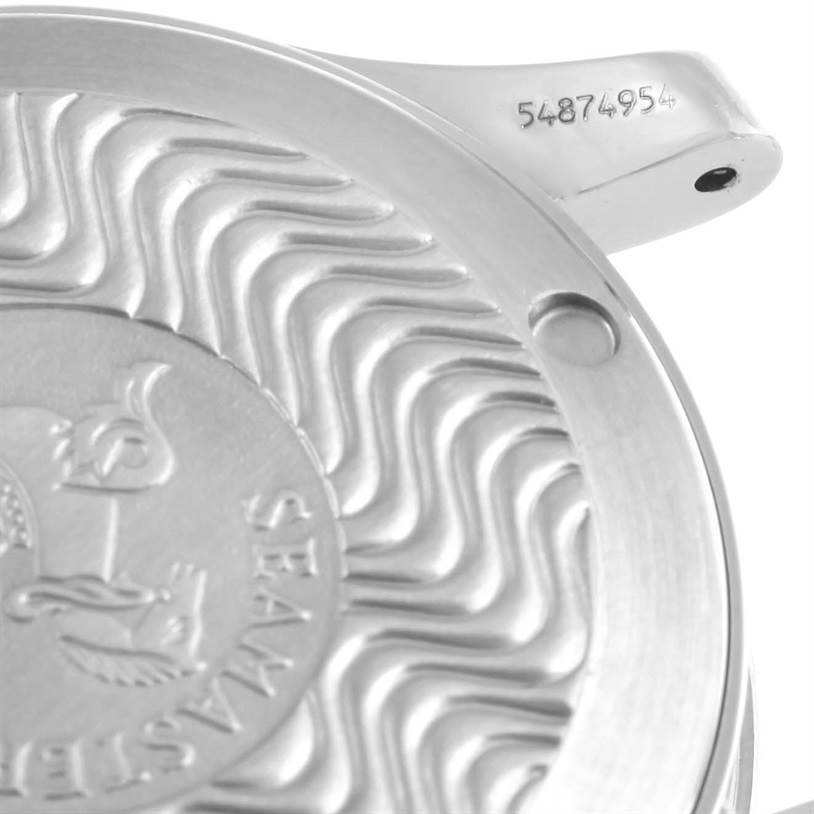 This image shows a close-up of the case back and a lug with a serial number of the Omega Seamaster 2561.80.00 Men
s Stainless Steel Blue Dial 2561.80.00 Men
s Stainless Steel Blue Dial watch.