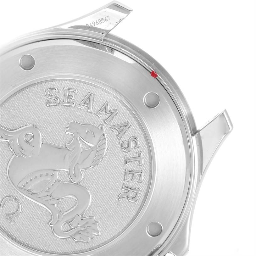 This image shows the back casing of an Omega Seamaster 212.30.41.20.01.002 Men
s Stainless Steel Black Dial 212.30.41.20.01.002 Men
s Stainless Steel Black Dial watch with the model
s engraved logo.