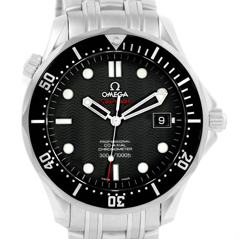 The image shows the front view of an Omega Seamaster 212.30.41.20.01.002 Men
s Stainless Steel Black Dial 212.30.41.20.01.002 Men
s Stainless Steel Black Dial watch, displaying the dial, bezel, and parts of the bracelet.