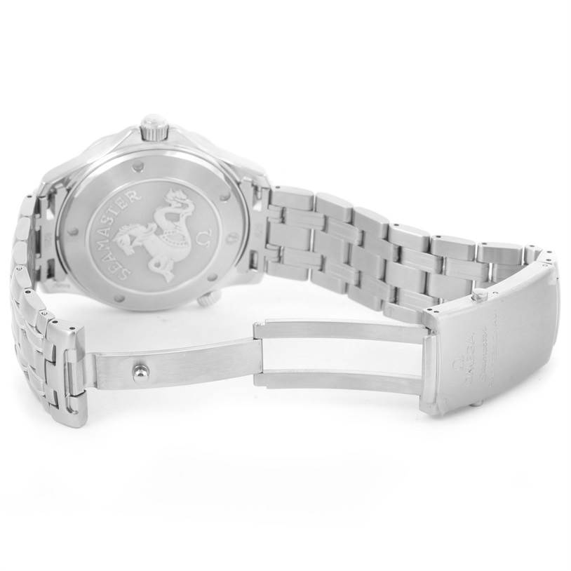 The image shows the back and clasp of an Omega Seamaster 212.30.41.20.01.002 Men
s Stainless Steel Black Dial 212.30.41.20.01.002 Men
s Stainless Steel Black Dial watch, emphasizing its engraved case back and metal bracelet.