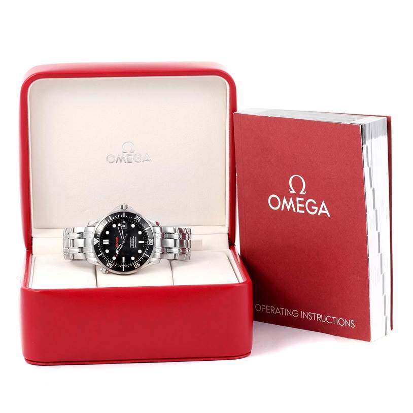The Omega Seamaster 212.30.41.20.01.002 Men
s Stainless Steel Black Dial 212.30.41.20.01.002 Men
s Stainless Steel Black Dial watch is shown front-facing in its opened box with a manual beside it.