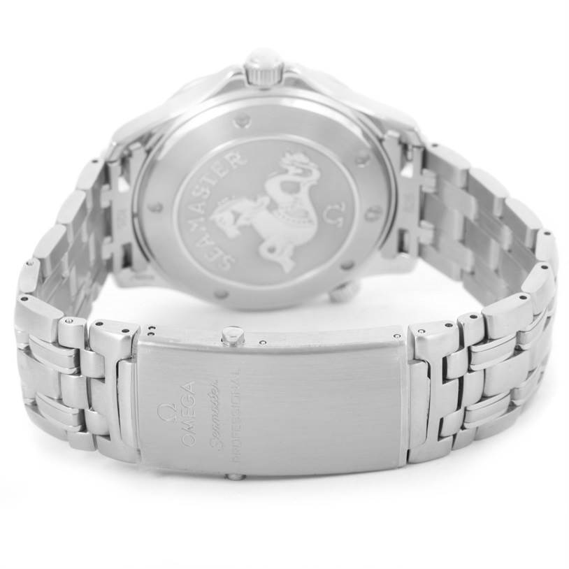 The image shows the back case and bracelet of an Omega Seamaster 212.30.41.20.01.002 Men
s Stainless Steel Black Dial 212.30.41.20.01.002 Men
s Stainless Steel Black Dial watch, highlighting the clasp and emblem on the back.