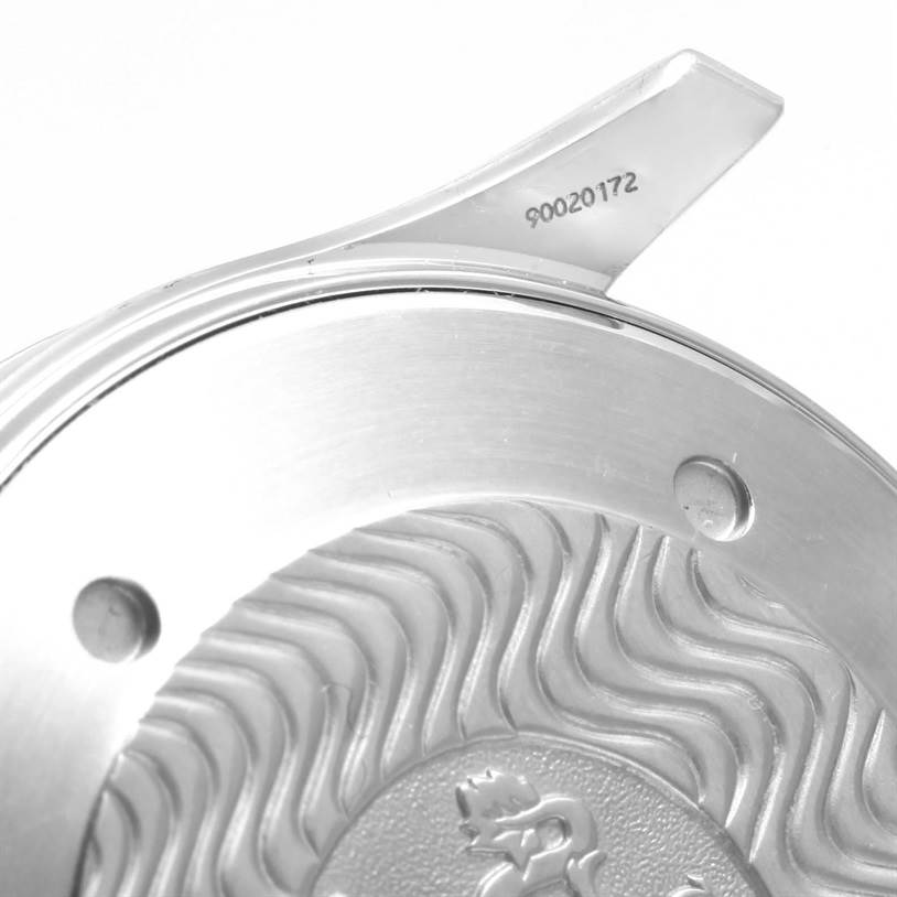 The image shows a detailed close-up of the case back and serial number of an Omega Seamaster 2541.80.00 Men
s Stainless Steel Blue Dial 2541.80.00 Men
s Stainless Steel Blue Dial watch, highlighting its engravings.