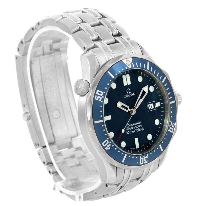 The Omega Seamaster 2541.80.00 Men
s Stainless Steel Blue Dial 2541.80.00 Men
s Stainless Steel Blue Dial watch is shown from a front-left angle, highlighting the dial, bezel, crown, and partial bracelet.