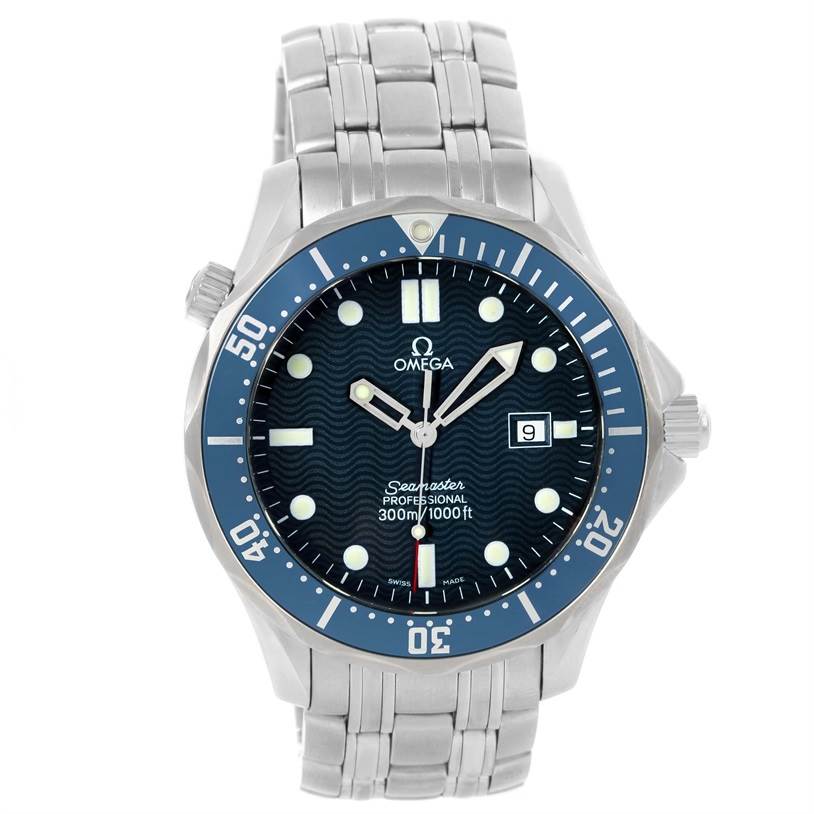 The image shows a front view of an Omega Seamaster 2541.80.00 Men
s Stainless Steel Blue Dial 2541.80.00 Men
s Stainless Steel Blue Dial watch displaying the dial, bezel, and stainless steel bracelet.