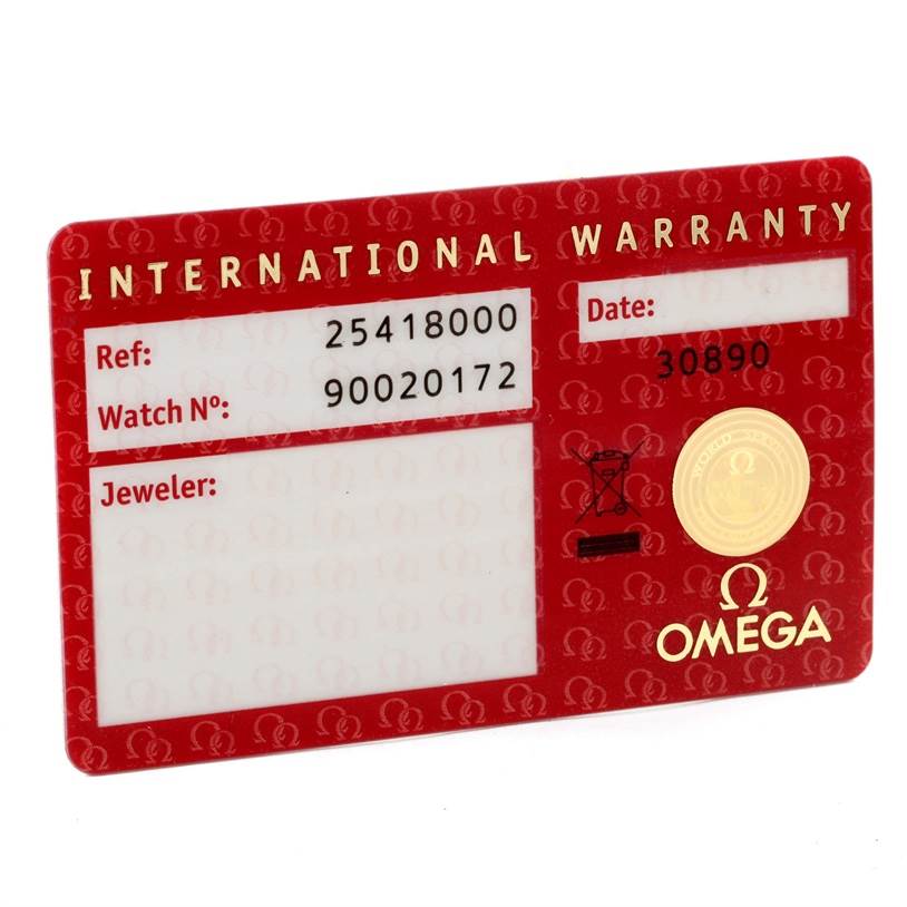 This image shows an Omega Seamaster 2541.80.00 Men
s Stainless Steel Blue Dial 2541.80.00 Men
s Stainless Steel Blue Dial International Warranty card with reference and watch numbers displayed.