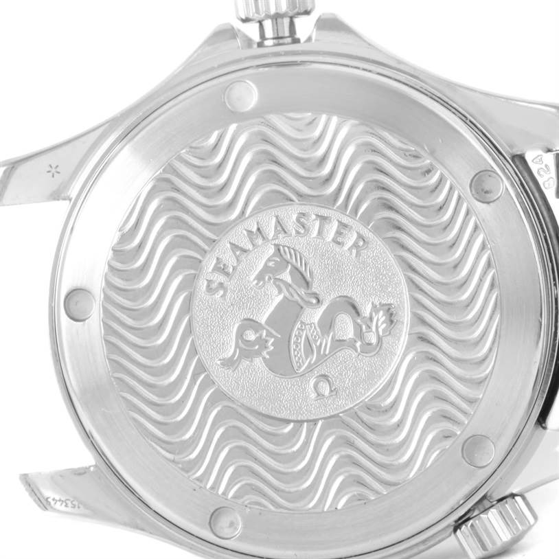 This image shows the case back of an Omega Seamaster 2551.80.00 Men
s Stainless Steel Blue Dial 2551.80.00 Men
s Stainless Steel Blue Dial watch, featuring the distinctive Seamaster wave pattern and logo.