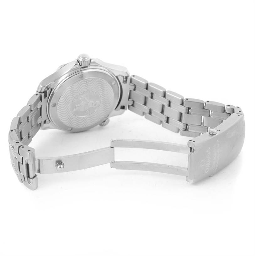 The image shows the back case and partially opened stainless steel bracelet of an Omega Seamaster 2551.80.00 Men
s Stainless Steel Blue Dial 2551.80.00 Men
s Stainless Steel Blue Dial watch.