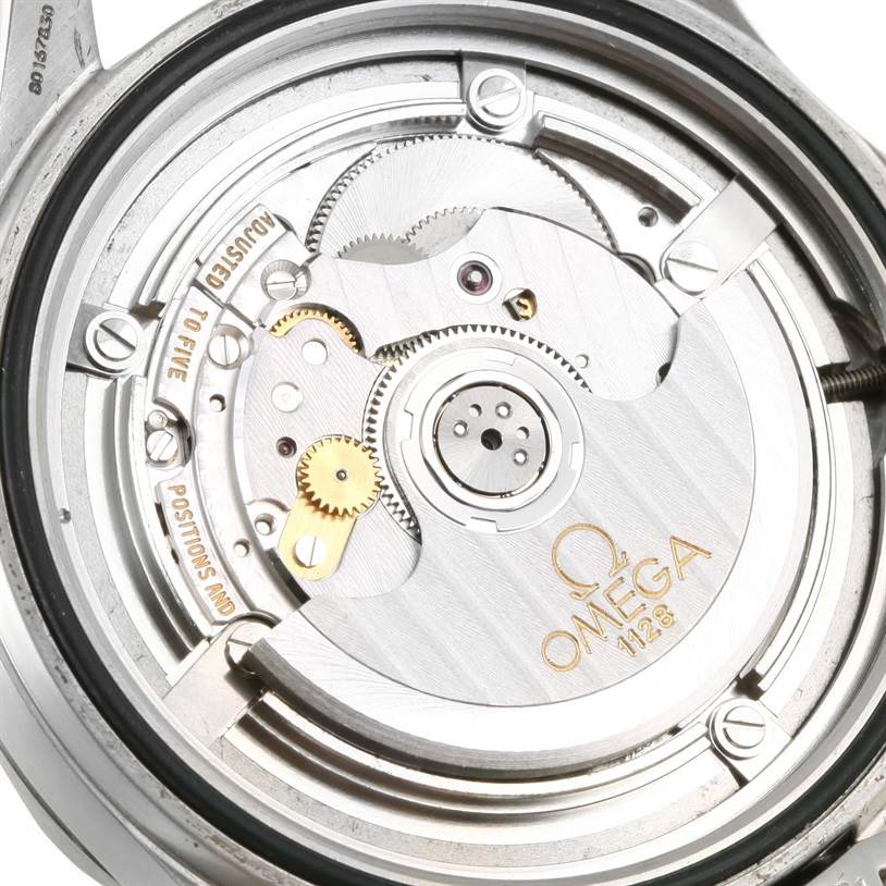 The image shows the intricate movement and inner workings of the Omega Seamaster 2538.20.00 Men's Stainless Steel White Dial 2538.20.00 Men's Stainless Steel White Dial watch, viewed from the back case.