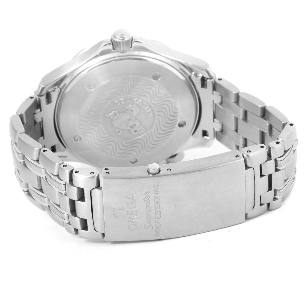 The image shows the back case, bracelet, and clasp of an Omega Seamaster 2531.80.00 Men
s Stainless Steel Blue Dial 2531.80.00 Men
s Stainless Steel Blue Dial watch from a rear angle.