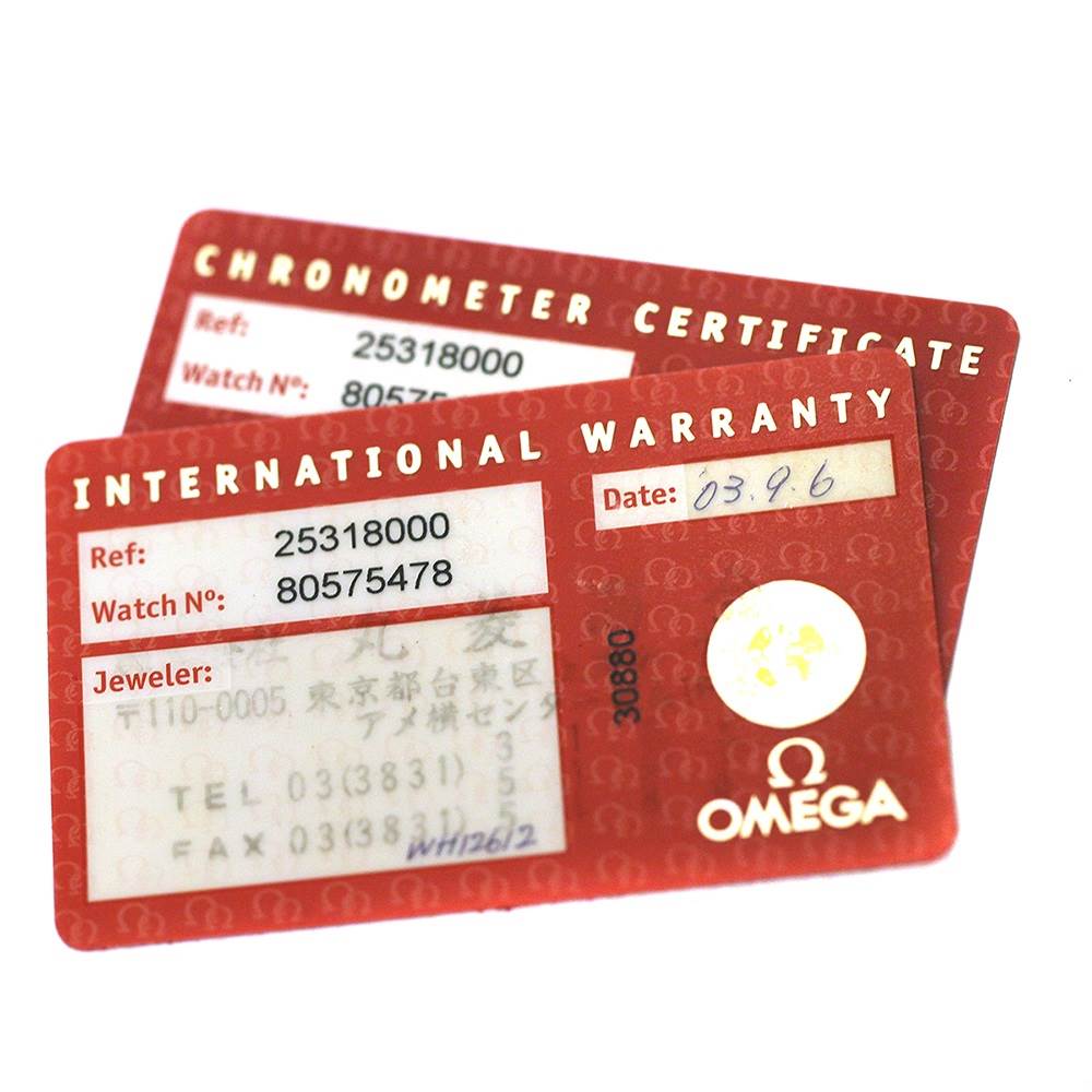 The image shows International Warranty and Chronometer Certificate cards for an Omega Seamaster 2531.80.00 Men
s Stainless Steel Blue Dial 2531.80.00 Men
s Stainless Steel Blue Dial watch.