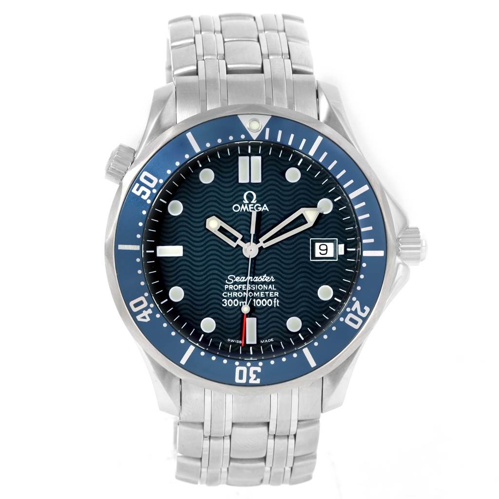 This image shows a front view of the Omega Seamaster 2531.80.00 Men
s Stainless Steel Blue Dial 2531.80.00 Men
s Stainless Steel Blue Dial watch, highlighting the dial, bezel, and bracelet.