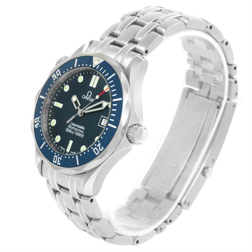 The Omega Seamaster 2561.80.00 Men
s Stainless Steel Blue Dial 2561.80.00 Men
s Stainless Steel Blue Dial watch is shown at a three-quarter angle, highlighting the face, bezel, crown, and stainless steel bracelet.