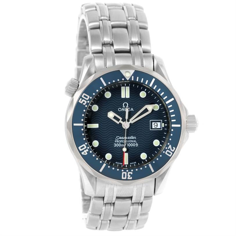 This image shows the Omega Seamaster 2561.80.00 Men
s Stainless Steel Blue Dial 2561.80.00 Men
s Stainless Steel Blue Dial watch from a front angle, displaying its face, bezel, and metal bracelet.
