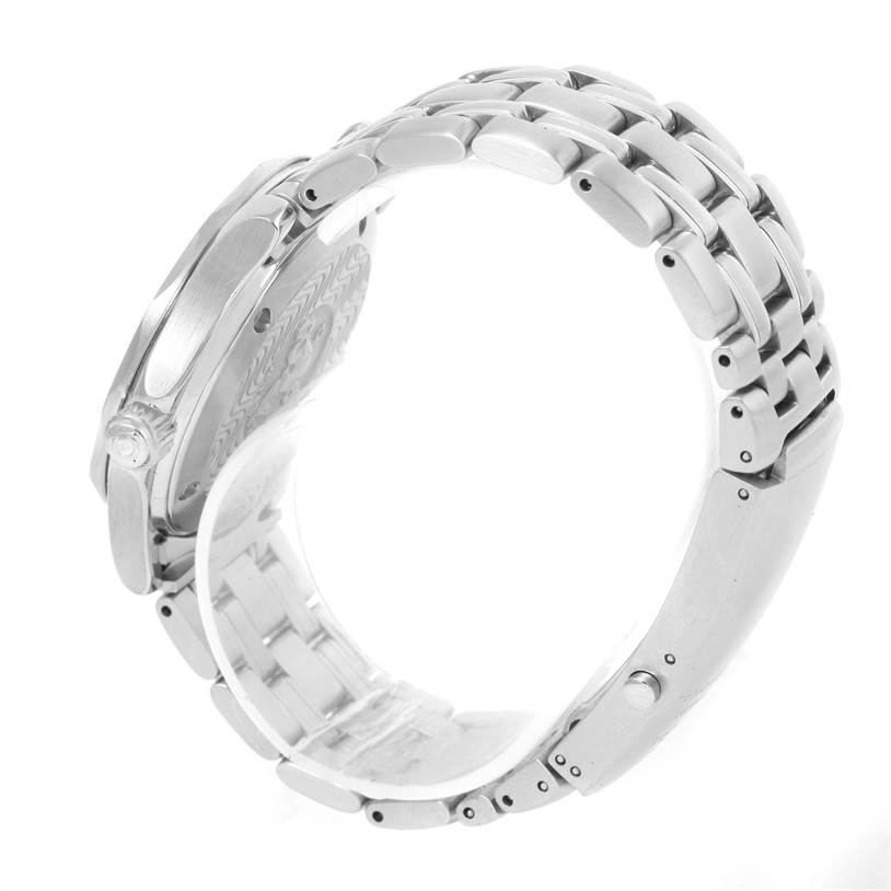 The image shows an Omega Seamaster 2561.80.00 Men
s Stainless Steel Blue Dial 2561.80.00 Men
s Stainless Steel Blue Dial watch from a side angle, highlighting its stainless steel band and case back.