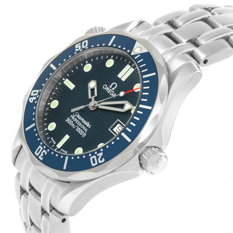 The image shows a side-angle view of the Omega Seamaster 2561.80.00 Men
s Stainless Steel Blue Dial 2561.80.00 Men
s Stainless Steel Blue Dial watch, highlighting the bezel, dial, crown, and part of the bracelet.