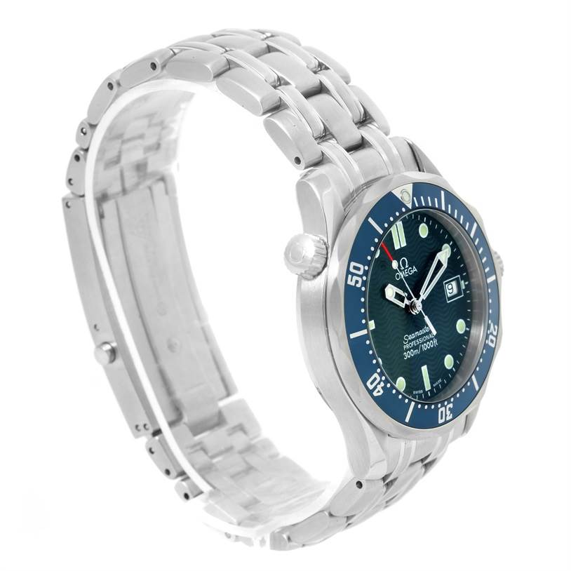 The Omega Seamaster 2561.80.00 Men
s Stainless Steel Blue Dial 2561.80.00 Men
s Stainless Steel Blue Dial watch is shown at an angle highlighting the bracelet, case, bezel, crown, and dial with date display.