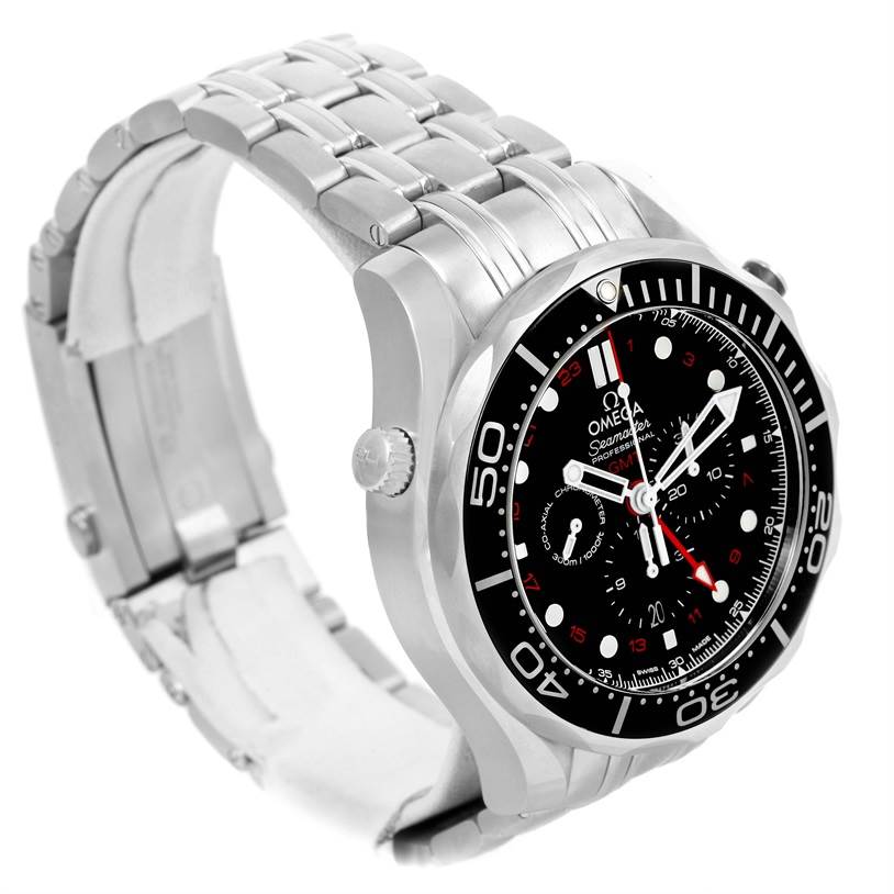 The image shows a side angle of the Omega Seamaster 212.30.44.52.01.001 Men
s Stainless Steel Black Dial 212.30.44.52.01.001 Men
s Stainless Steel Black Dial watch, highlighting the bezel, dial, crown, and bracelet.