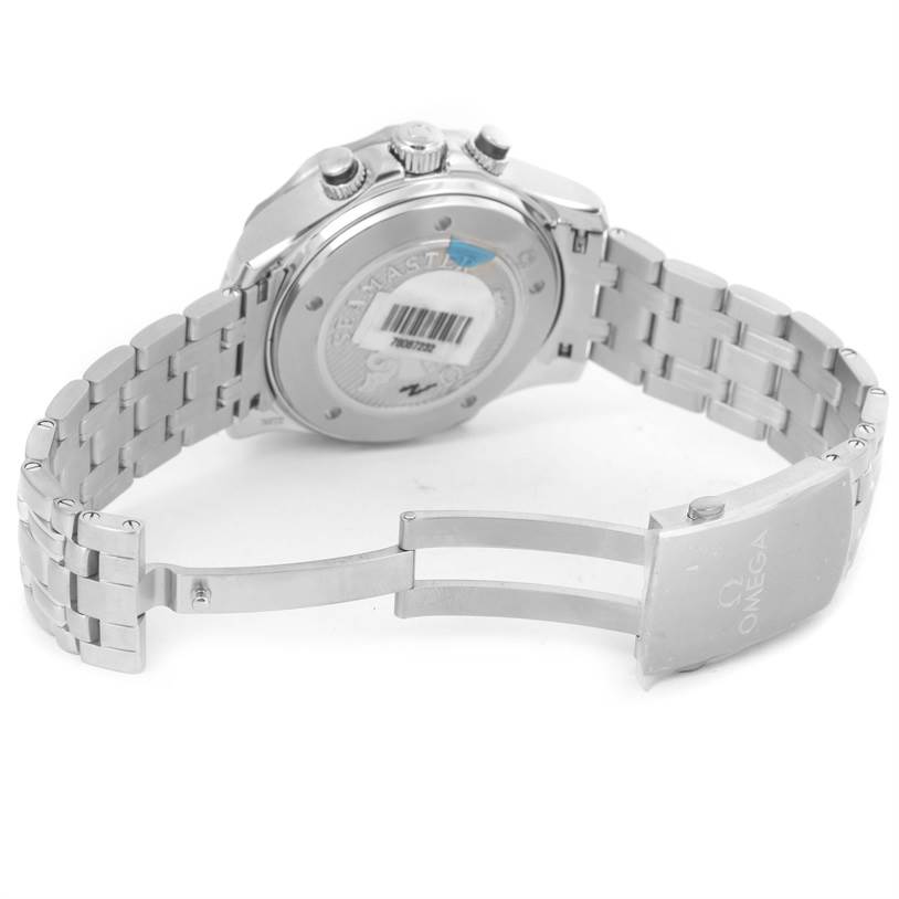 The image shows the back and bracelet of an Omega Seamaster 212.30.44.52.01.001 Men
s Stainless Steel Black Dial 212.30.44.52.01.001 Men
s Stainless Steel Black Dial model watch, highlighting the clasp and case back.