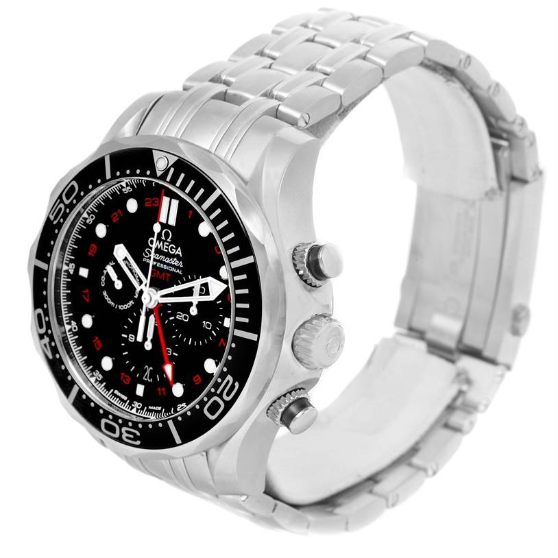 The image shows an angled view of the Omega Seamaster 212.30.44.52.01.001 Men
s Stainless Steel Black Dial 212.30.44.52.01.001 Men
s Stainless Steel Black Dial watch, highlighting the face, bezel, crown, push buttons, and bracelet.