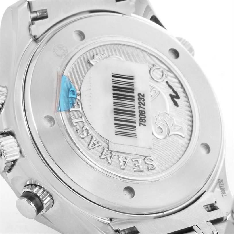 The image shows the back case and crown of an Omega Seamaster 212.30.44.52.01.001 Men
s Stainless Steel Black Dial 212.30.44.52.01.001 Men
s Stainless Steel Black Dial watch, featuring branding and a barcode label.