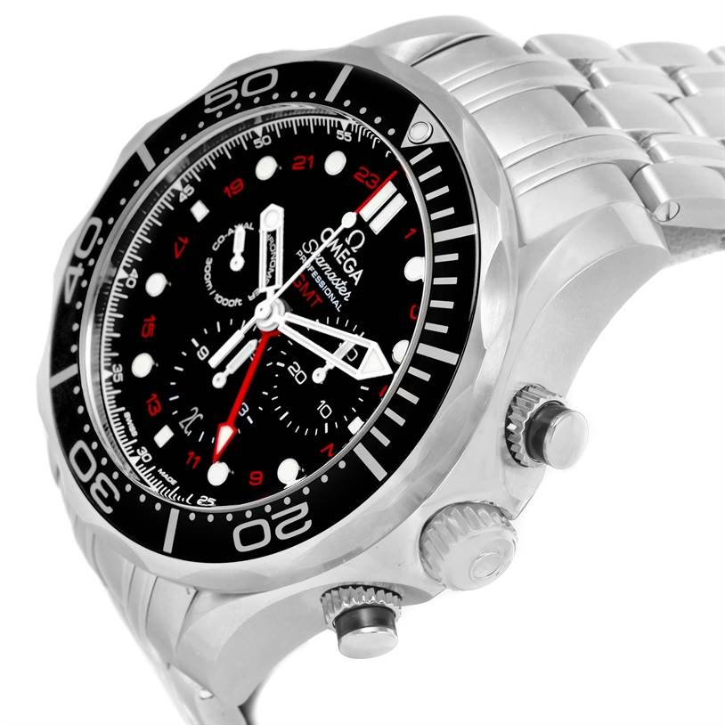 The image shows a side angle of the Omega Seamaster 212.30.44.52.01.001 Men
s Stainless Steel Black Dial 212.30.44.52.01.001 Men
s Stainless Steel Black Dial watch, highlighting the dial, bezel, crown, and part of the bracelet.