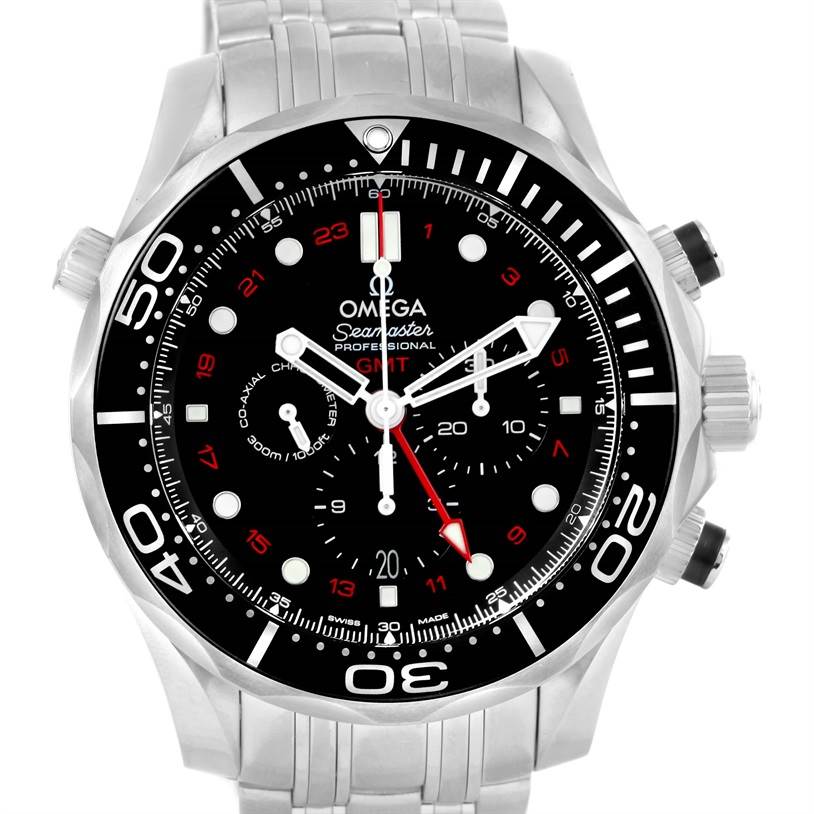 The Omega Seamaster 212.30.44.52.01.001 Men
s Stainless Steel Black Dial 212.30.44.52.01.001 Men
s Stainless Steel Black Dial watch is shown from a front angle, displaying its dial, bezel, and stainless steel bracelet.