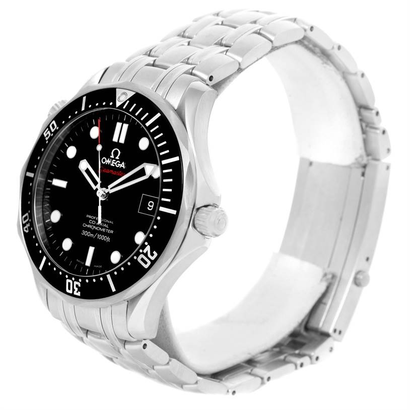 The image shows an angled view of the Omega Seamaster 212.30.41.20.01.002 Men
s Stainless Steel Black Dial 212.30.41.20.01.002 Men
s Stainless Steel Black Dial watch, highlighting the dial, bezel, crown, and stainless steel bracelet.