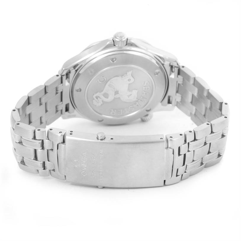 The image shows the back case and metal bracelet of the Omega Seamaster 212.30.41.20.01.002 Men
s Stainless Steel Black Dial 212.30.41.20.01.002 Men
s Stainless Steel Black Dial watch.