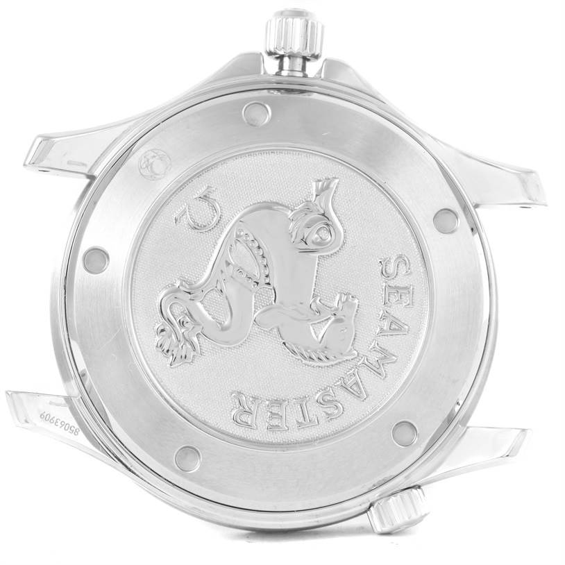 This image shows the back case of the Omega Seamaster 212.30.41.20.01.002 Men
s Stainless Steel Black Dial 212.30.41.20.01.002 Men
s Stainless Steel Black Dial watch, displaying its engraving and crown from a rear angle.