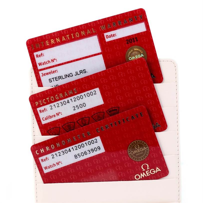 The image shows warranty, pictogram, and chronometer certificate cards for the Omega Seamaster 212.30.41.20.01.002 Men
s Stainless Steel Black Dial 212.30.41.20.01.002 Men
s Stainless Steel Black Dial watch model.