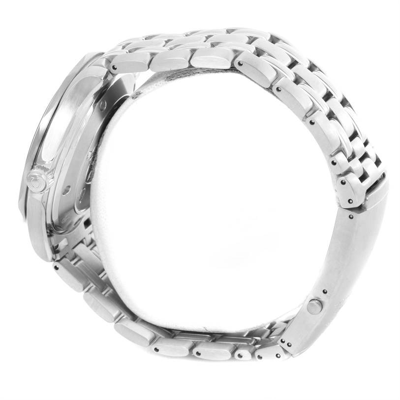 The image shows a side view of an Omega Seamaster 212.30.41.20.01.002 Men
s Stainless Steel Black Dial 212.30.41.20.01.002 Men
s Stainless Steel Black Dial watch, focusing on the watch
s case and metal bracelet.