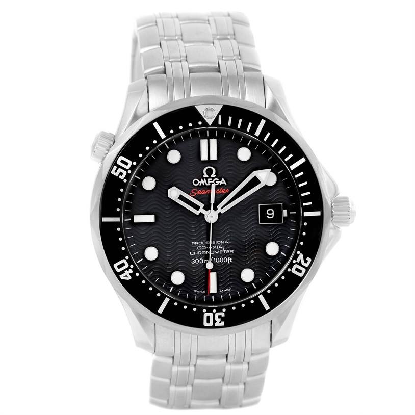 The image shows an Omega Seamaster 212.30.41.20.01.002 Men
s Stainless Steel Black Dial 212.30.41.20.01.002 Men
s Stainless Steel Black Dial watch from a front angle, highlighting the dial, bezel, hands, and bracelet.