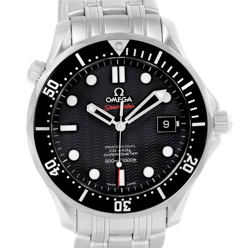 The Omega Seamaster 212.30.41.20.01.002 Men
s Stainless Steel Black Dial 212.30.41.20.01.002 Men
s Stainless Steel Black Dial watch is shown from a front angle, highlighting its watch face, bezel, and stainless steel bracelet.