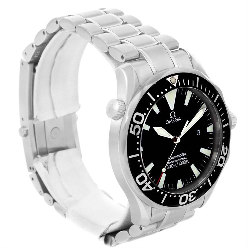 The image shows an Omega Seamaster 2264.50.00 Men
s Stainless Steel Black Dial 2264.50.00 Men
s Stainless Steel Black Dial watch, angled to display the bracelet, bezel, dial, and crown.