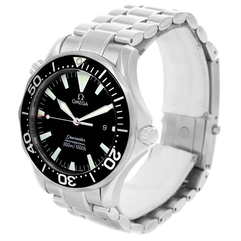 This image shows an Omega Seamaster 2264.50.00 Men
s Stainless Steel Black Dial 2264.50.00 Men
s Stainless Steel Black Dial watch at an angled view, highlighting the face, bezel, case, and metal bracelet.