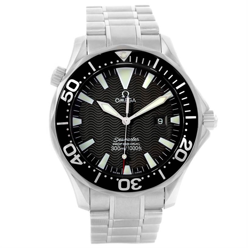 This Omega Seamaster 2264.50.00 Men
s Stainless Steel Black Dial 2264.50.00 Men
s Stainless Steel Black Dial watch is shown from a front angle, displaying the face, bezel, and stainless steel strap.