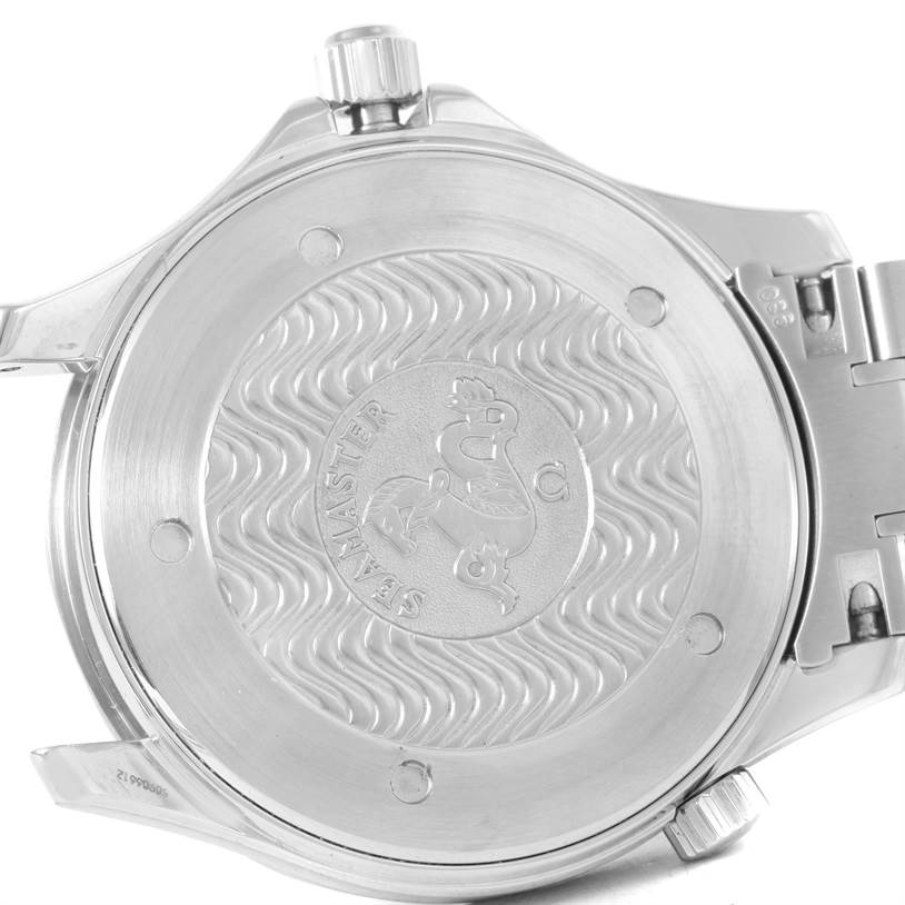 The image shows the back case of an Omega Seamaster 2264.50.00 Men
s Stainless Steel Black Dial 2264.50.00 Men
s Stainless Steel Black Dial watch, displaying its engraved design and part of the bracelet and crown.