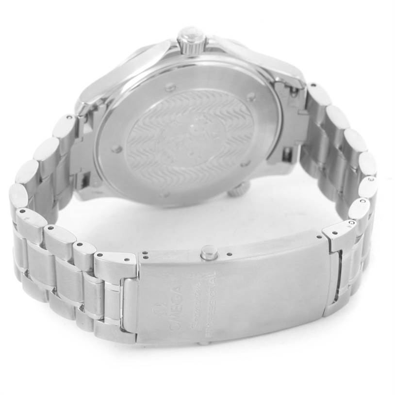 The image shows the back view of the Omega Seamaster 2264.50.00 Men
s Stainless Steel Black Dial 2264.50.00 Men
s Stainless Steel Black Dial watch, highlighting the case back and the stainless steel bracelet with the clasp.