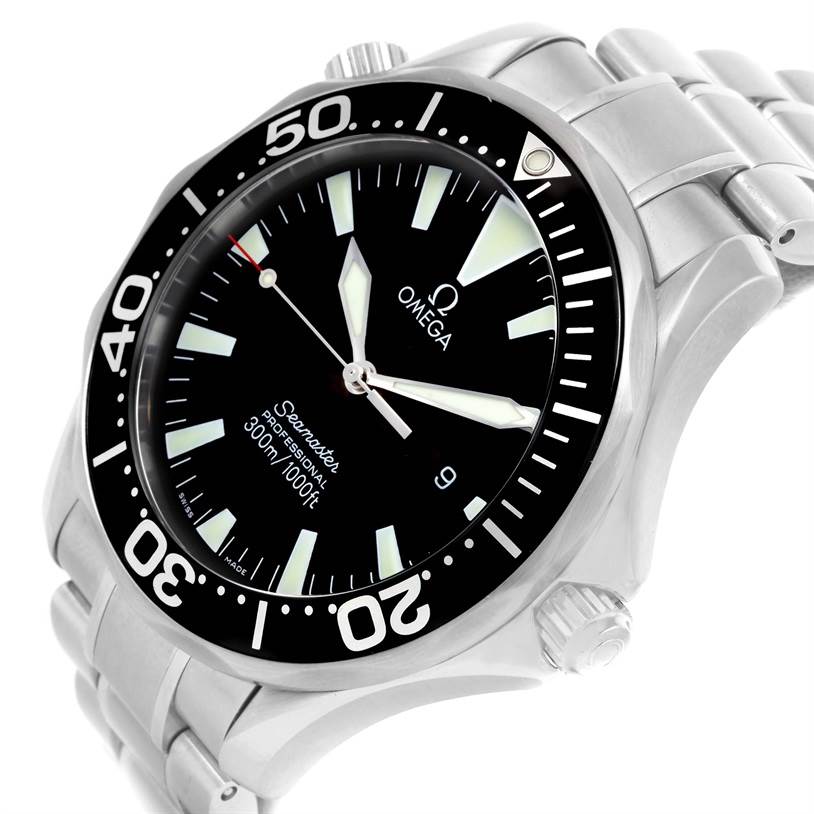 The Omega Seamaster 2264.50.00 Men
s Stainless Steel Black Dial 2264.50.00 Men
s Stainless Steel Black Dial watch is shown at an angled top-side view, displaying its face, bezel, and part of the bracelet.
