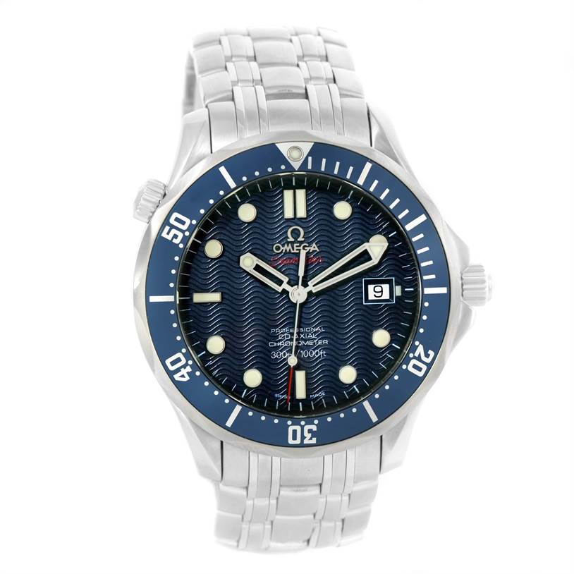 The image shows a front view of the Omega Seamaster 2220.80.00 Men
s Stainless Steel Blue Dial 2220.80.00 Men
s Stainless Steel Blue Dial watch, highlighting its face, bezel, hands, date window, and bracelet.