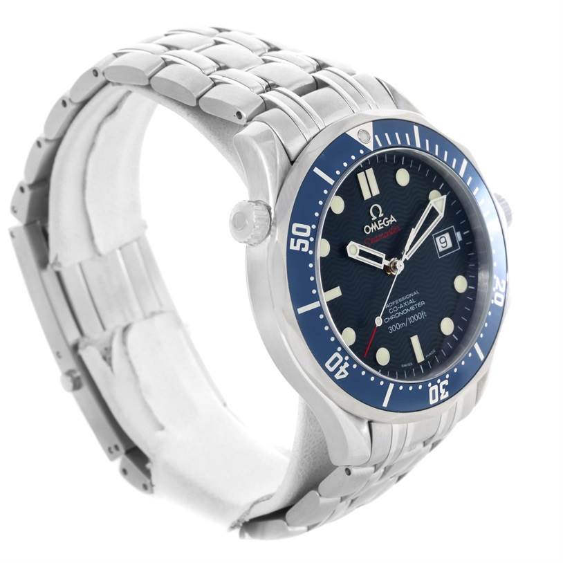 The image shows a side angle view of an Omega Seamaster 2220.80.00 Men
s Stainless Steel Blue Dial 2220.80.00 Men
s Stainless Steel Blue Dial watch, showcasing the dial, bezel, crown, and metal bracelet.