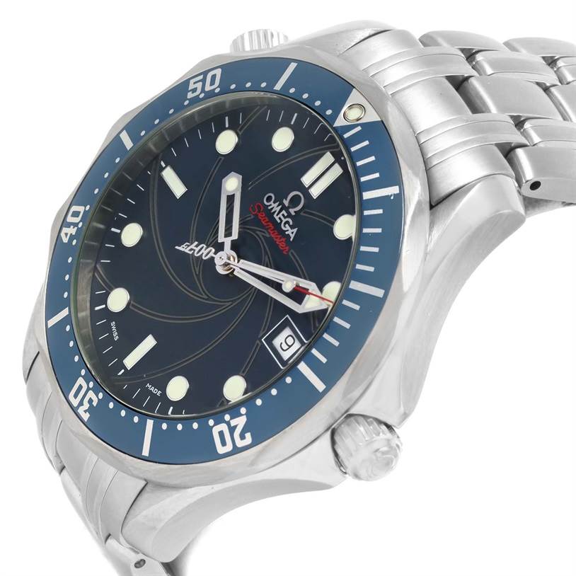 The image shows a side angle of the Omega Seamaster 2226.80.00 Men
s Stainless Steel Blue Dial 2226.80.00 Men
s Stainless Steel Blue Dial watch, highlighting the blue dial, bezel, and part of the metal bracelet.