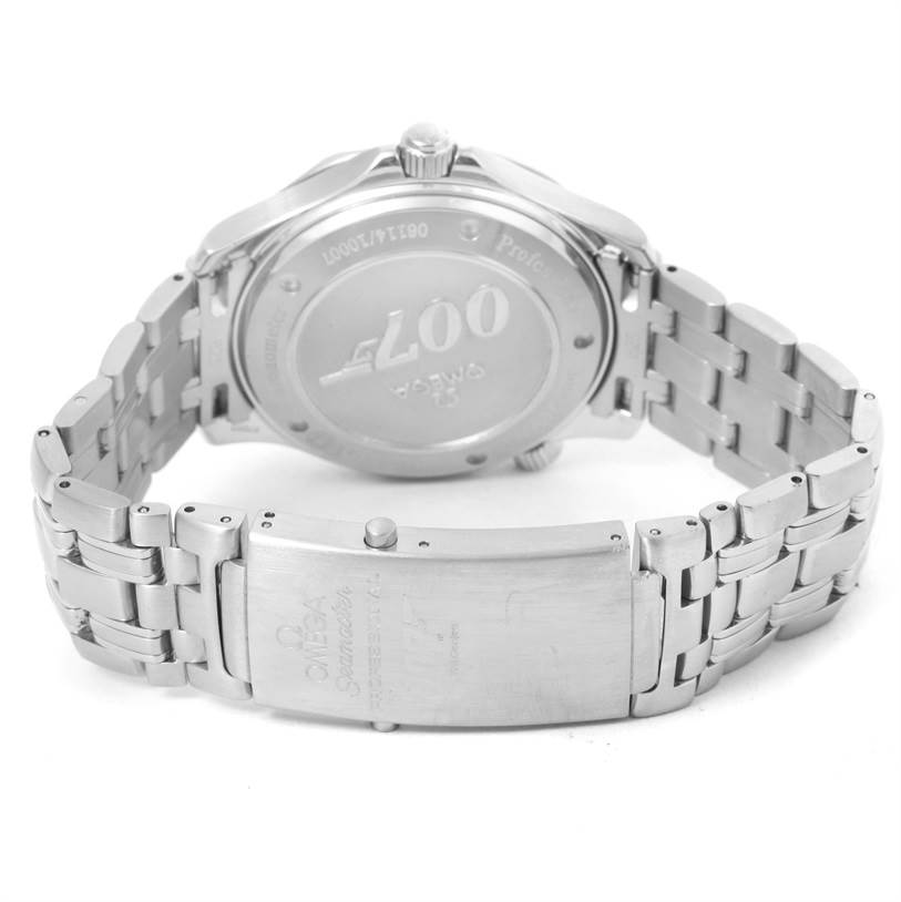 The image shows the back case and bracelet clasp of an Omega Seamaster 2226.80.00 Men
s Stainless Steel Blue Dial 2226.80.00 Men
s Stainless Steel Blue Dial watch from a rear angle.