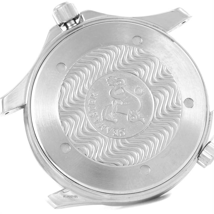 This is the back case of the Omega Seamaster 2264.50.00 Men
s Stainless Steel Black Dial 2264.50.00 Men
s Stainless Steel Black Dial watch, showing the engraved wave design and logo.